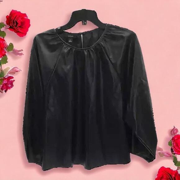 Alfani Womens Size Small Top Shirred Faux Leather Keyhole Button Neck Black NWT - Picture 1 of 16